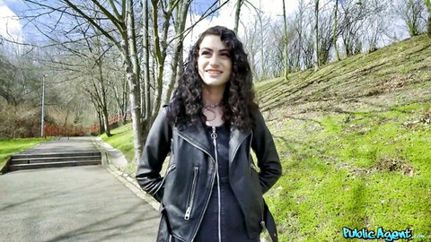 Smiling brunette amateur in leather jacket for Public Agent pickup by Erik Everhard