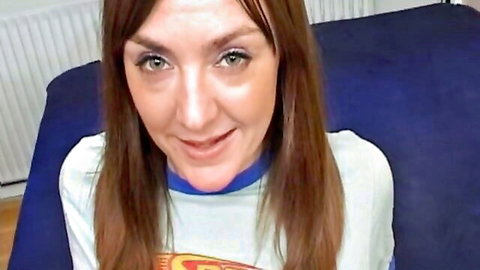 Malene brunette MILF smiling in Superman t-shirt, anal debut tease