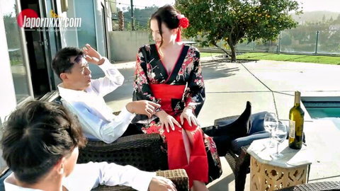 Everly Haze in sexy kimono with two men in interracial threesome setup