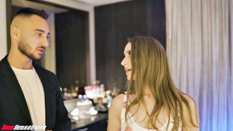 Laney Grey in sexy white dress chatting intimately with stud in luxurious setting