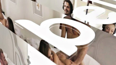 Skinny brunette babe fucked missionary by nude guy as smiling man watches with big B overlay