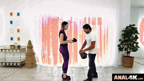 Petite babe Everly in purple leggings teases with guy before anal gaping and big cock