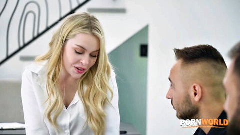 Blonde Haley Spades in white blouse with man in intense PornWorld scene