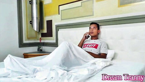 Bella Atrix tranny in bed, casual phone call in Legit t-shirt
