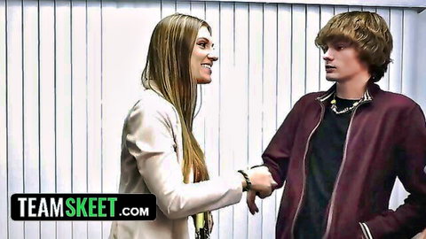 Busty blonde Kenzie Love as doctor shaking hands with stepson in taboo fantasy