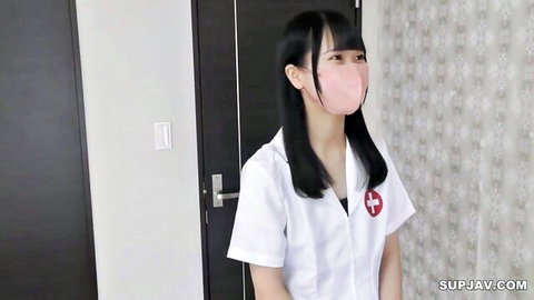 Cute Japanese nurse in pink mask and tight white uniform smiling seductively
