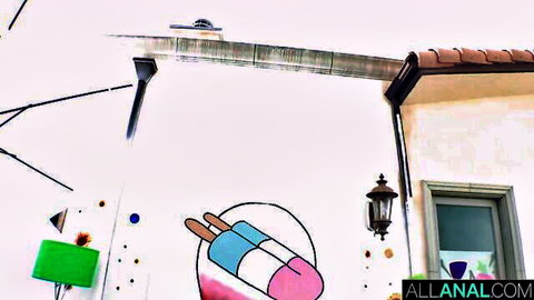 Street art graffiti of phallic blue popsicle on beige urban wall with ALLANAL.COM