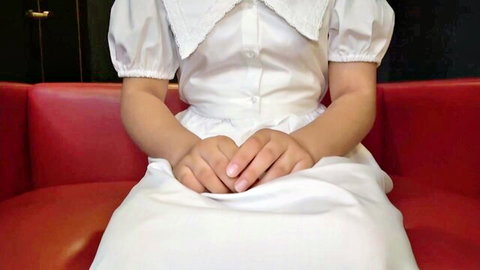 Innocent Asian girl in white collared dress sits poised for hardcore threesome POV