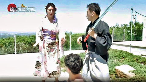 Japanese kimono girls posed with sword-wielding samurai hunks outdoors teasing wild threesome