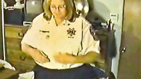 Chubby mature sheriff wife unbuttons uniform shirt teasing cleavage solo