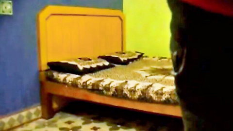 Colorful Indian bedroom with yellow headboard leopard print bedspread and pillows ready for steamy fucking