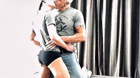 Tattooed muscular stud embraces slim twink in intimate bareback pose
