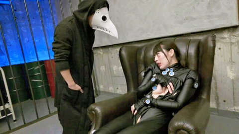 Mone Kamiki in latex sex cyborg suit, vibrator orgasm with plague doctor mask