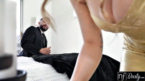 Busty blonde Octavia Red ties up boyfriend in gold dress and stockings