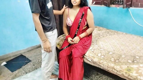 Rahul and Soniya's Indian wedding night in red saree and bra tease