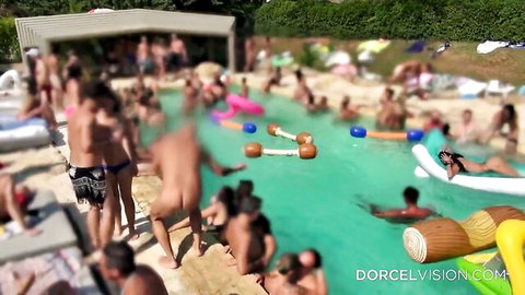 Nude pool orgy with brunettes swallowing and taking big cocks