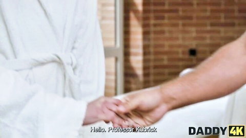 Czech babes in robes greet professor for steamy massage session