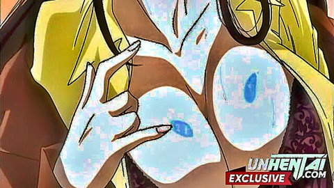Blonde hentai milf exposes big tits with blue pasties, teasing solo