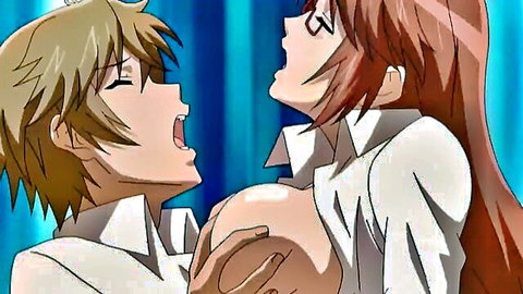 Uncensored Hentai: Blonde guy gropes big boobs of redhead glasses girl