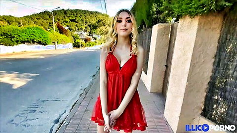 Paola Hard, Spanish blonde beauty in sexy red dress outdoors