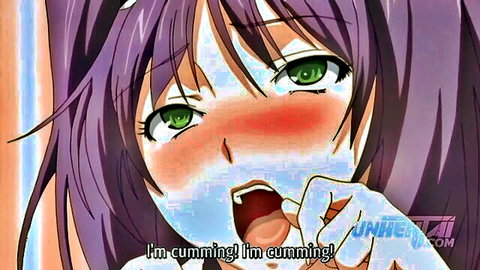 Ecstatic purple-haired hentai teen with green eyes climaxing intensely