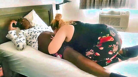 Bigbootilatte big ass blonde spoons black guy on bed, skirt up