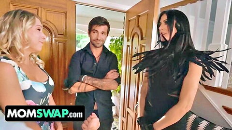 Katie Morgan & Reagan Foxx in seductive dresses with man at door, MomSwap vampires