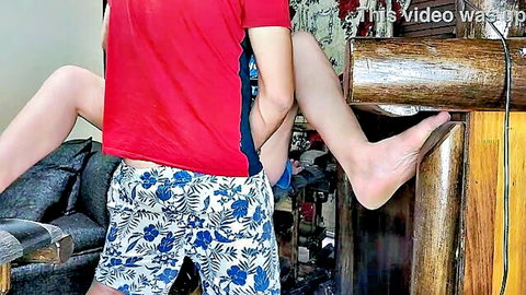 Man fucking tight pussy of best friend's wife from behind standing