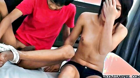 Asian twink exposes cock to topless feminine bottom in raw gay scene