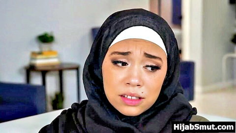 Muslim stepsister in hijab with surprised expression before first time taboo sex