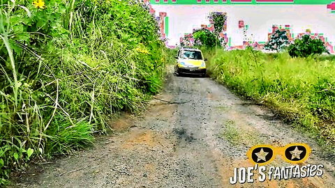 Sexy African student flashes pussy from yellow car on rural road