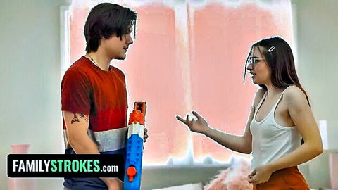 Reese Robbins in white tank top flirts with tattooed guy in FamilyStrokes scene