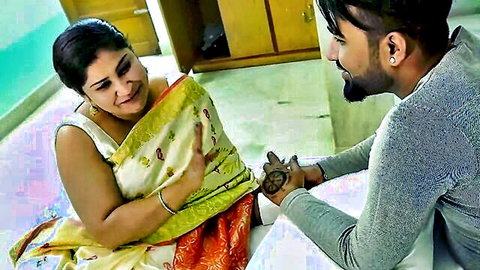 Indian MILF in saree holds tuition teacher's hand intimately