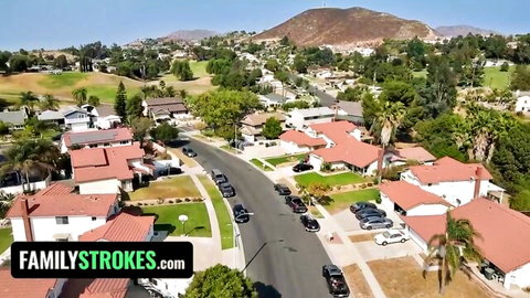 Suburban neighborhood aerial view for step-sister stripping and taboo sex with step-brother
