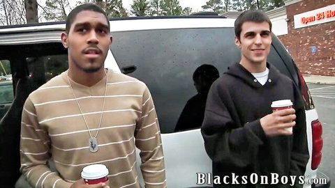 Blaze and black stud with coffees in parking lot, teasing interracial gay hookup