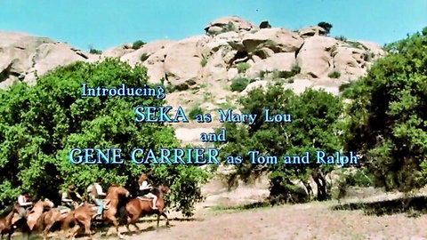 Vintage porn promo featuring Seka as Mary Lou on horseback with Gene Carrier as Tom and Ralph in retro adult film