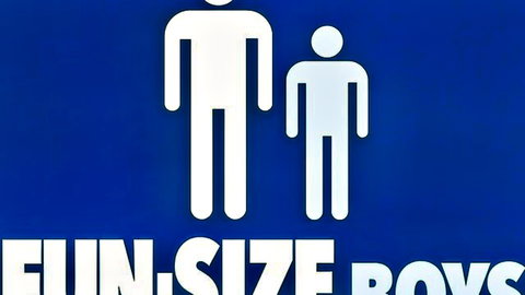 Fun size boys sign with tall adult male and short boy stick figures on blue background