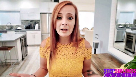 Kendra Spade in yellow lace top, surprised expression in step-sibling caught scene