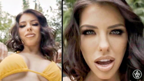 Adriana Chechik and Angela White in yellow bikini, seductive outdoor tease