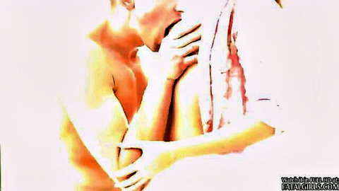 Hot teen babe in passionate embrace with muscular man after steamy session