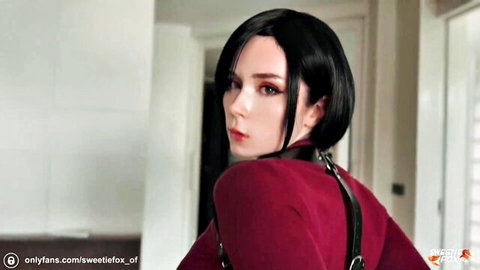 Sweetie Fox in red harness top, seductive profile with black bob hair