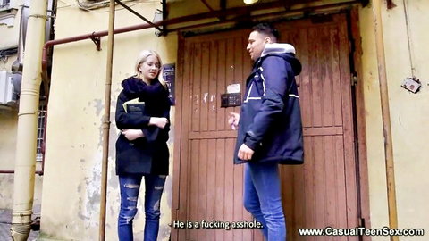 Tattooed blonde teen in coat chats with guy outside before next-door pounding