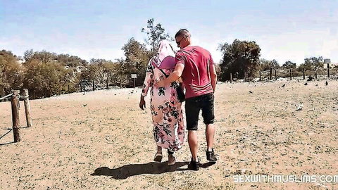 Chloe Lamour in hijab and dress walks with man in desert for Muslim sex