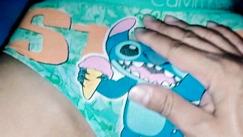 POV hand pulling aside step-sister's Stitch cartoon panties for wet rubdown