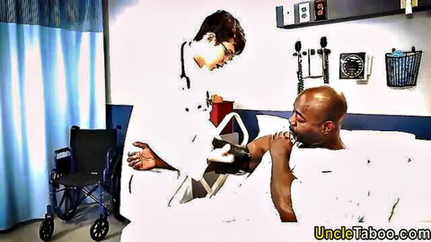 Asian doctor examines muscular Black patient in hospital bed interracial medical play