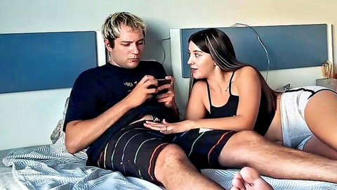 Amateur step-sister tempts step-brother on bed while he's on phone