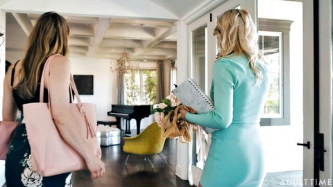 Ophelia Kaan and Cherry Kiss in sexy dresses entering home, blonde models tease