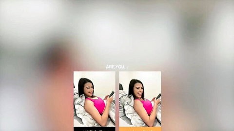 Two skinny young brunettes with medium tits in tight pink tops teasing seductively on bed holding phones
