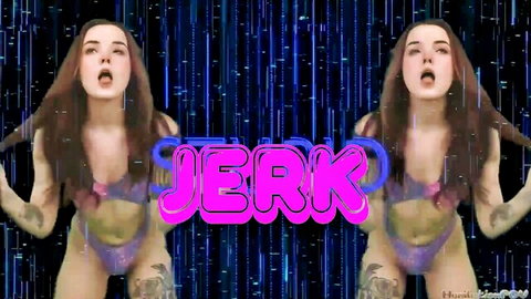 Brunette in pink bikini mouths jerk command with huge glowing JERK text overlay JOI PMV
