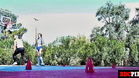 Petite Lilly Jade in blue tennis outfit with BBC on outdoor court